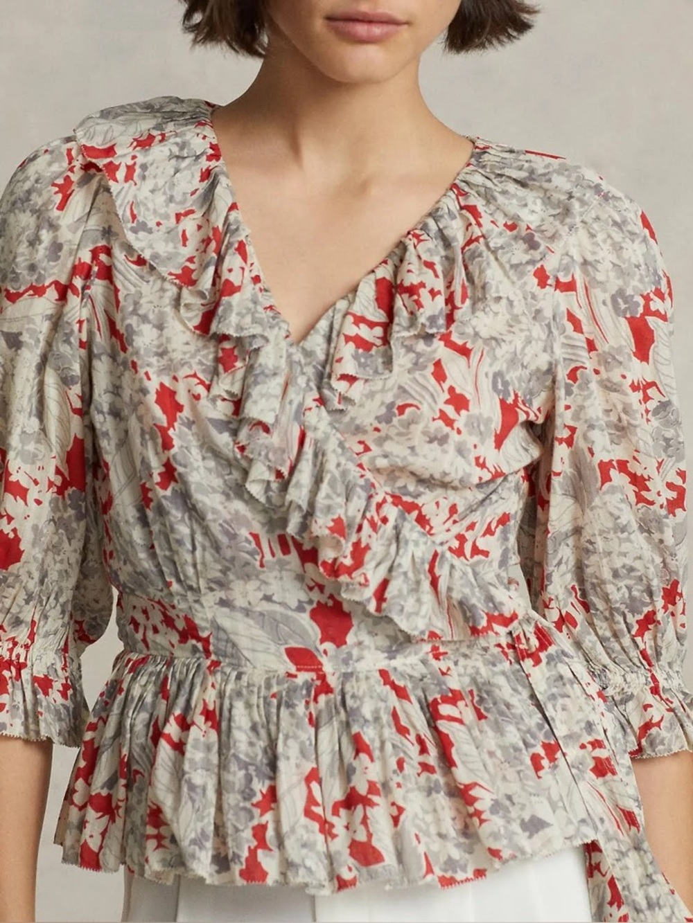 POLO RALPH LAUREN Evee Ruffled Floral Cotton Voile Wrap Top Red Gray Size S - Picture 4 of 14